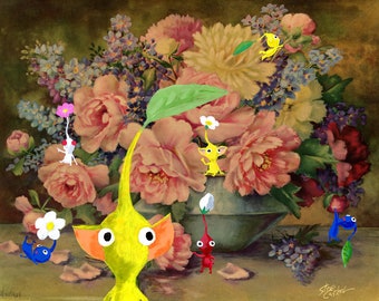 Not So Still Life: Pickmin Playing With Flowers  Art Parody Print, Classic Sofa Painting Recycled Thrift Store Art