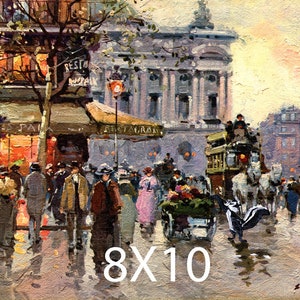 May include: A vintage oil painting depicting a bustling Parisian street scene. The painting features a horse-drawn carriage, pedestrians, and a restaurant with a sign that reads "Restaurant". The scene is set in the early 20th century and captures the energy and vibrancy of the city.