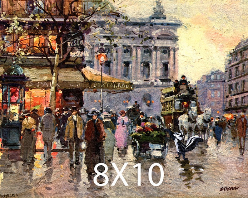 May include: A vintage oil painting depicting a bustling Parisian street scene. The painting features a horse-drawn carriage, pedestrians, and a restaurant with a sign that reads "Restaurant". The scene is set in the early 20th century and captures the energy and vibrancy of the city.