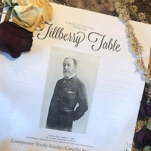 May include: A black and white portrait of Camille Saint-Saëns, a French composer, from the Romantic Era. The image is from the Tillberry Table, a website that offers composer study guides.