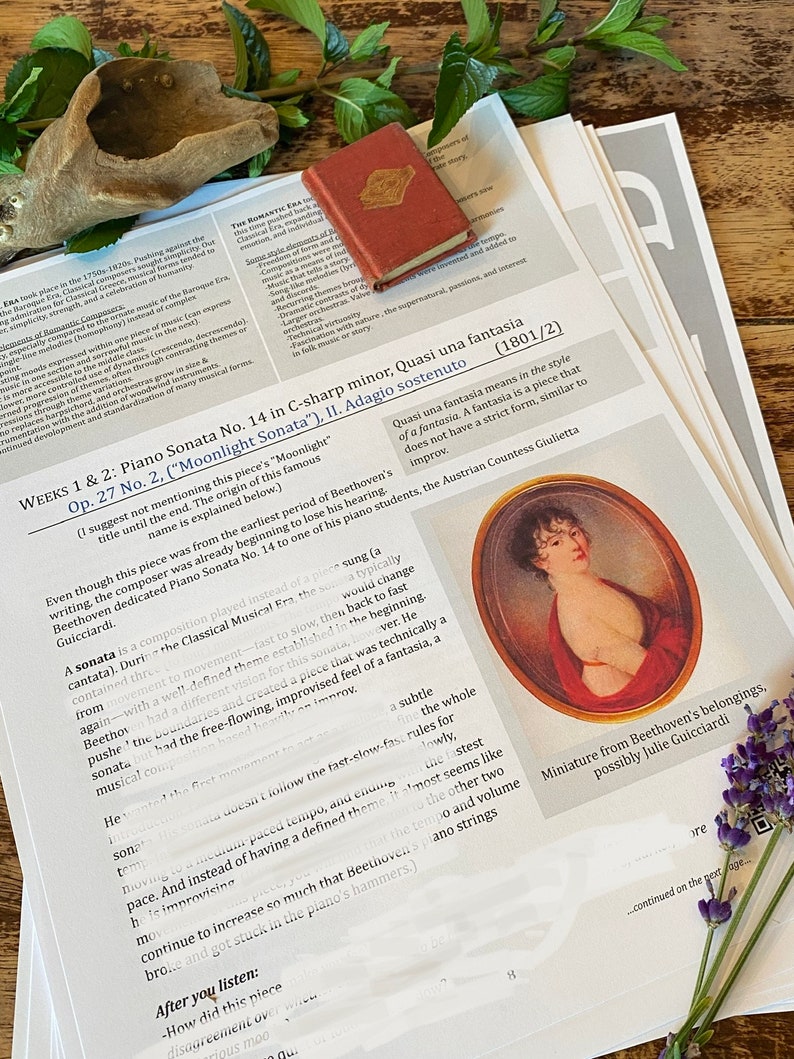 May include: A page from a book about the "Moonlight Sonata" by Ludwig van Beethoven. The text discusses the origins of the piece's name and the composer's hearing loss. A miniature portrait of a woman in a red dress is in the lower right corner of the page.
