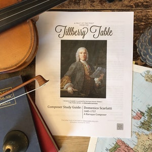 May include: A still life featuring a violin, bow, and sheet music titled "Tillberry Table" with a portrait of Domenico Scarlatti. A book, a map, and a decorative cup are also present, suggesting a theme of music and history.