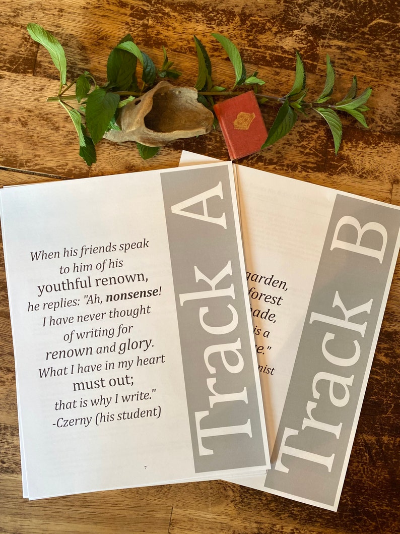 May include: Two pages of a book with the text "Track A" and "Track B" printed in gray on a white background. The text on the left page reads: "When his friends speak to him of his youthful renown, he replies: "Ah, nonsense! I have never thought of writing for renown and glory. What I have in my heart must out; that is why I write." -Czerny (his student)"