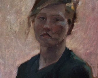 May include: A painting of a woman with brown hair, wearing a dark green shirt. The background is a light pink color.