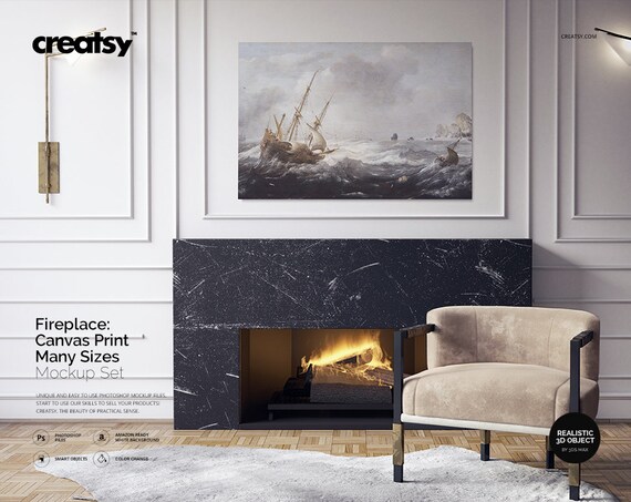 Fireplace Canvas Print Many Sizes Mockup Set Canvas Template