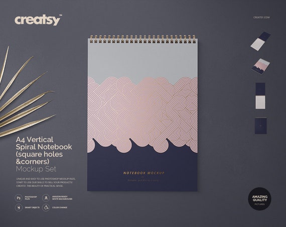 A4 Vertical Spiral Notebook Mockup Set Square Holes Square