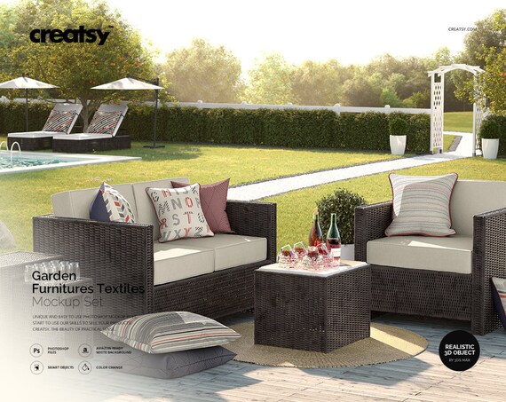 Garden Furnitures Textiles Mockup Set Pillow Mockup Outdoor Scene Garden Furnitures Textiles Mockup Set Pillow Mockup Outdoor Scene