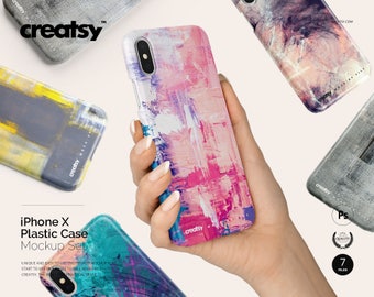Download Free iPhone X Plastic Case Mockup Set, Plastic Full Warp Case Mockup Bundle, iPhone 10 Sublimation Case In Hand, Customize Classic, X Sublimation PSD Template