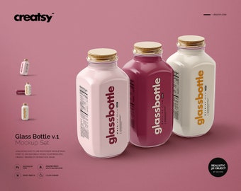 Download Free Glass Bottle Mockup Set v.1, Personalized Bottle, Glass Bottle Template, Milk Bottle, PSD Template