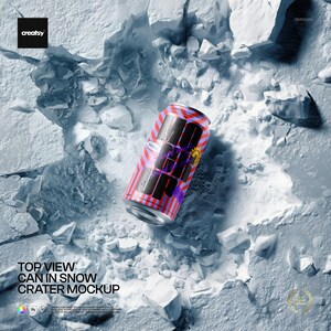 May include: A top-down view of a soda can in a snow crater. The can features a red, purple, and black design with the text "RUM PUNCH UP". The can is surrounded by chunks of ice and snow.