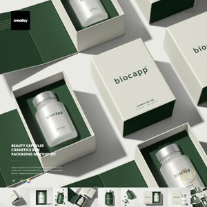 May include: A product mockup set featuring white boxes with green interiors and a bottle of capsules. The boxes are labeled "biocapp" in green text. The image also includes the text "BEAUTY CAPSULES COSMETICS BOX PACKAGING MOCKUP SET."