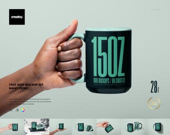 Mug Mockup Set 15 Unzen Viele Ansichten, Becher Mockup Bundle, weiße Becher Vorlage in Frauenhänden, Kaffeetasse, Mockup Bundle