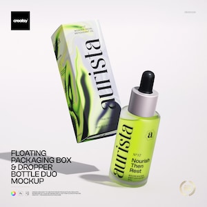 May include: A mockup of a facial oil bottle and box. The bottle is clear with a black dropper and silver cap, filled with a yellow liquid. The box is white with green and black abstract designs and the text "aurista". The text "Nourish Then Rest" is on the bottle.