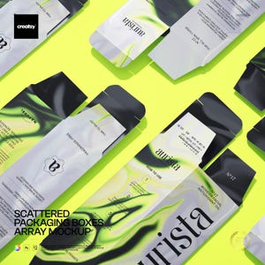 Può includere: Mockup di scatole per imballaggio sparse su sfondo giallo brillante. Le scatole sono bianche con disegni astratti neri e verdi e il marchio "aurista". Alcune scatole sono aperte, rivelando il prodotto. Il testo "TIME TO ENJOY" è visibile.