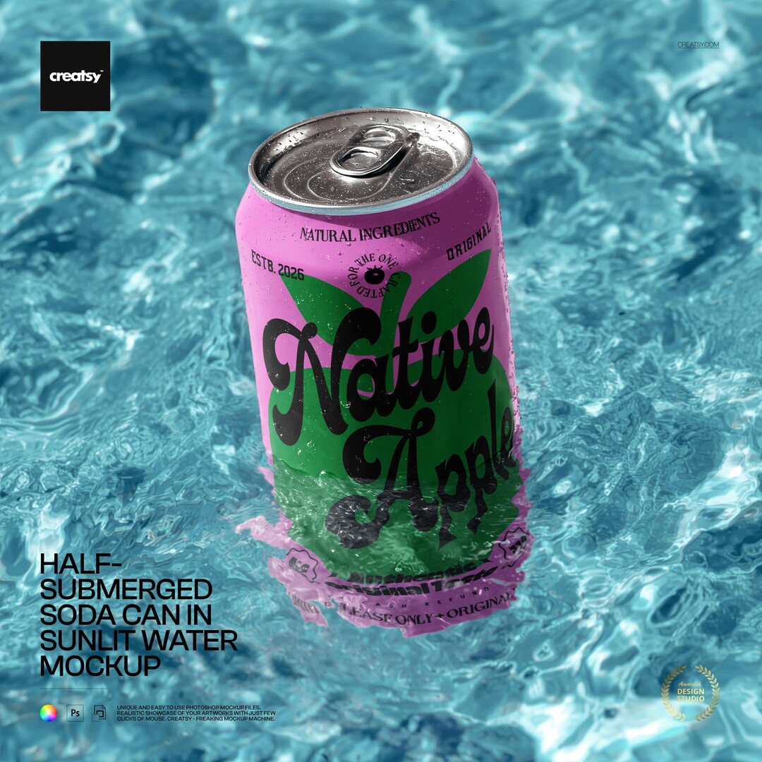 Water Pool Label Half Submerged Soda Can Sunlit Water Mockup PSD Rippled Pool Label ...