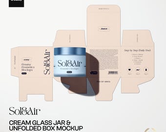 Set di mockup PSD di vasetto per crema cosmetica e scatola aperta con vista fustellatura.