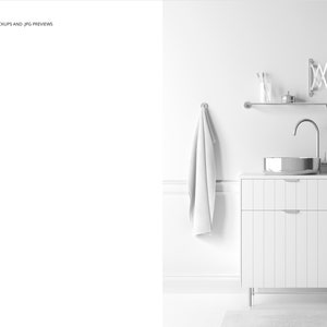 May include: White bathroom vanity with a white ceramic sink and chrome faucet. The vanity has two drawers and is on legs. There is a white towel hanging on a rack above the sink and a chrome towel rack on the wall to the right of the sink. There is a round chrome mirror on the wall above the sink.