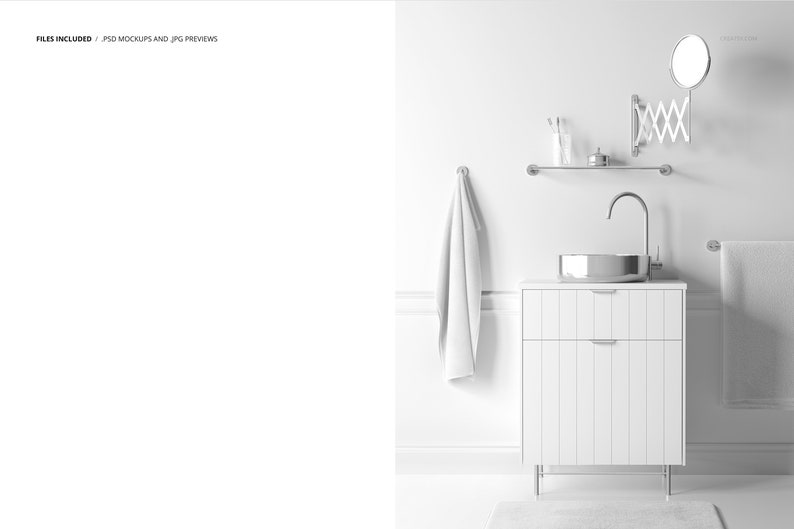 May include: White bathroom vanity with a white ceramic sink and chrome faucet. The vanity has two drawers and is on legs. There is a white towel hanging on a rack above the sink and a chrome towel rack on the wall to the right of the sink. There is a round chrome mirror on the wall above the sink.