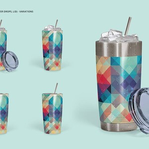 May include: A stainless steel tumbler with a geometric pattern in shades of blue, red, yellow, and white. The tumbler has a lid and a straw. The tumbler is shown in different variations, including with ice and without ice.