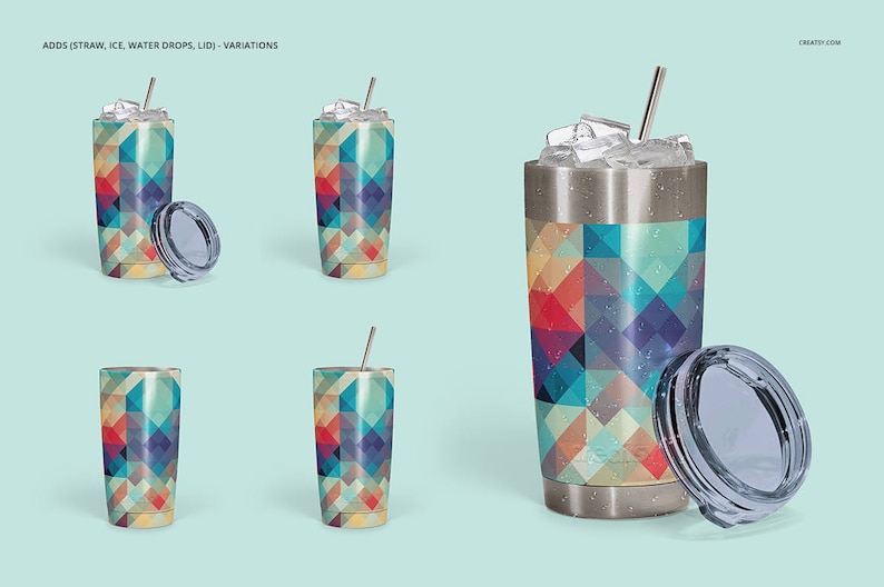 May include: A stainless steel tumbler with a geometric pattern in shades of blue, red, yellow, and white. The tumbler has a lid and a straw. The tumbler is shown in different variations, including with ice and without ice.