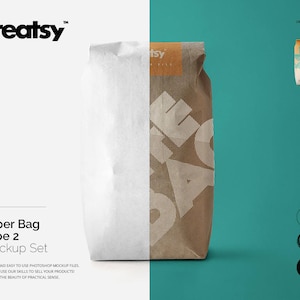 Set di mockup di sacchetti di carta, modello di borsa da caffè, borsa Kraft, farina, zucchero, tè, spezie, personalizzato, etichetta personalizzata, borsa Kraft, carta kraft, PSD, scatola