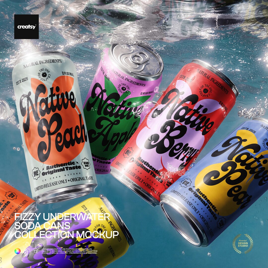 Fizzy Underwater Soda Cans Collection Mockup PSD Smart Object Bubbles ...