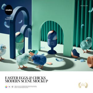Puede incluir: Una maqueta moderna de escena de Pascua con huevos coloridos en hueveras, pollitos azules esponjosos y arcos decorativos. Los huevos tienen diseños a rayas y el texto "Happy Easter". La escena está ambientada sobre un fondo verde azulado y azul marino.