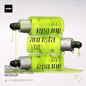 May include: Stacked, dripping dropper bottles mockup. The bottles are a vibrant green with silver and black accents. The bottles have the word "aurista" printed on them, along with the words "Nourish Then Rest" and "N17". The bottles are dripping a green liquid.