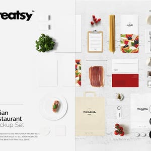 Maqueta de restaurante italiano, objetos móviles, objetos editables, PSD, plantilla de tarjetas de negocios, maqueta de bolsa de papel, plantilla de bloc de notas, personalizado
