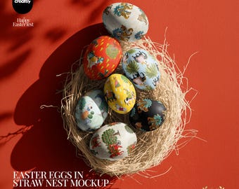 Easter Eggs in Straw Nest PSD Mockup with Editable Egg Artwork