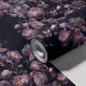 May include: A roll of dark purple floral wallpaper with a repeating pattern of birds, flowers, and butterflies. The wallpaper is rolled up and the label reads "paper aesthetic".