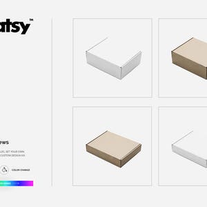May include: Four different views of a cardboard box mockup. The box is shown in both white and brown, with the top, front, and side views displayed.
