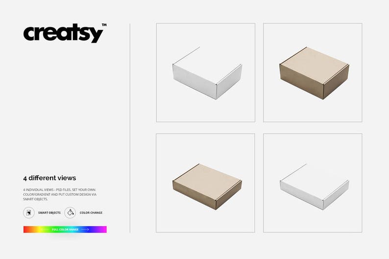 May include: Four different views of a cardboard box mockup. The box is shown in both white and brown, with the top, front, and side views displayed.