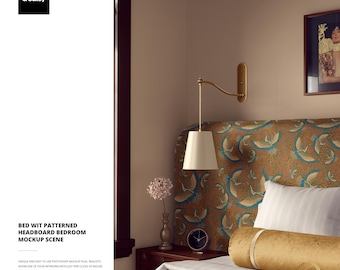 Maqueta de dormitorio con cama y cabecero estampado