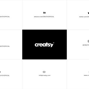 May include: A black and white grid layout featuring the word "creatsy" in white on a black background. The surrounding panels display social media icons and website addresses, including Facebook, Behance, Twitter, Pinterest, Instagram, YouTube, email, and website.