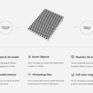 May include: A mockup of a black and white checkered notebook with a spiral binding. The notebook is on a white background. The image includes text about the features of the mockup, such as "Photoshoot & 3d model", "Smart Objects", "Realistic 3D warping", "Customizable Interior", "Photoshop files", and "Full color range".