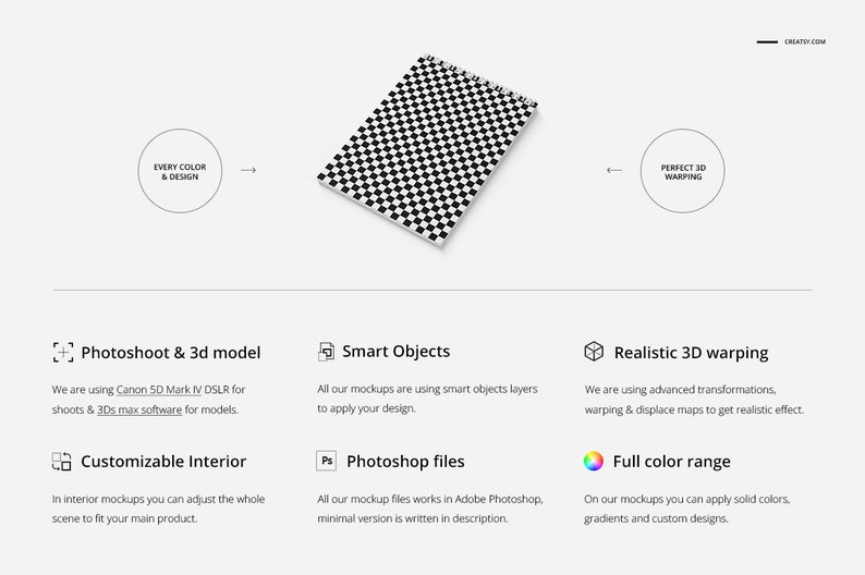 May include: A mockup of a black and white checkered notebook with a spiral binding. The notebook is on a white background. The image includes text about the features of the mockup, such as "Photoshoot & 3d model", "Smart Objects", "Realistic 3D warping", "Customizable Interior", "Photoshop files", and "Full color range".