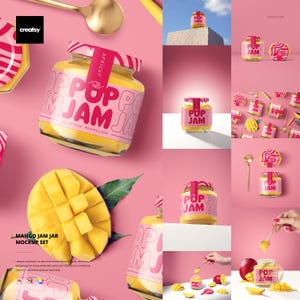 Pode incluir: Um conjunto de maquetes com potes de geleia de damasco com rótulos e tampas rosa. Os potes são rotulados como "POP JAM" e "DELICIOSA MERMELADA". A imagem inclui uma manga fatiada, uma colher dourada e um fundo rosa.