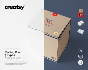 May include: A mockup set of three different types of mailing boxes. The boxes are made of cardboard and have a brown color. The boxes are labeled with the text "PRIORITY MAIL EXPRESS" and "FLAT RATE BOX".