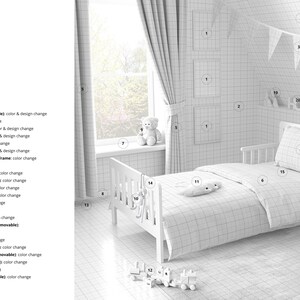 Puede incluir: Una cama infantil blanca con una colcha blanca y un oso de peluche blanco en la cama. La habitaci&oacute;n est&aacute; decorada con marcos de fotos blancos, cortinas y una guirnalda con la palabra "HOME" en la pared.