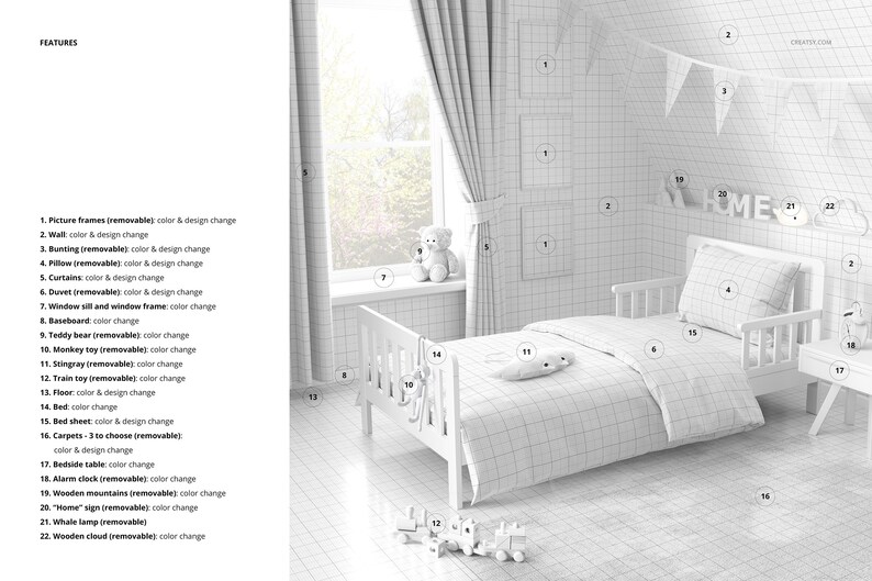 Puede incluir: Una cama infantil blanca con una colcha blanca y un oso de peluche blanco en la cama. La habitaci&oacute;n est&aacute; decorada con marcos de fotos blancos, cortinas y una guirnalda con la palabra "HOME" en la pared.