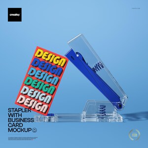 May include: A clear plastic stapler with blue detailing and a red business card mockup. The card displays the word "DESIGN" in various colours. The background is a solid light blue.
