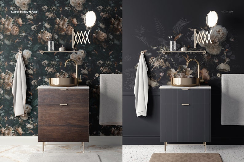 May include: A bathroom vanity with a dark wood cabinet, gold hardware, and a white marble countertop. The vanity has a gold faucet and a round gold sink. The bathroom has a floral wallpaper with a dark green background and a white towel hanging on a hook.