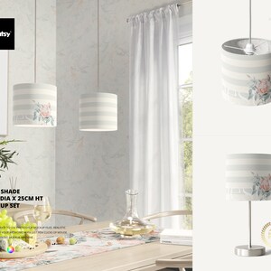 May include: A set of three lampshades with a floral and striped pattern. The lampshades are 40 cm in diameter and 25 cm in height. The lampshades are shown in a mock-up setting with a table and chairs.