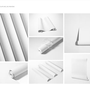 May include: A set of six white paper rolls, some rolled up and some unrolled, on a white background.  The paper rolls are a mockup for displaying designs or artwork.