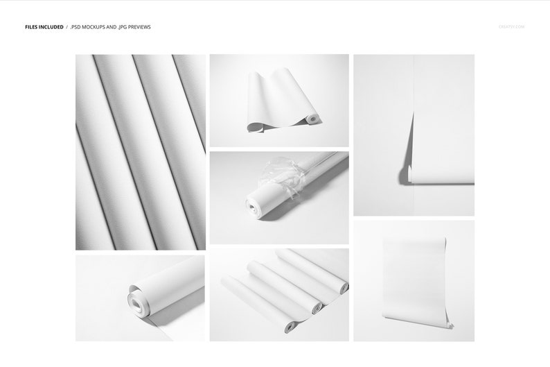 May include: A set of six white paper rolls, some rolled up and some unrolled, on a white background.  The paper rolls are a mockup for displaying designs or artwork.