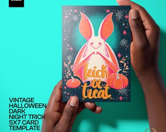 Vintage Halloween Bat 5x7 Folded Card PSD Template, Dark Night Trick