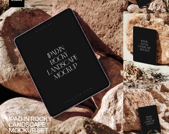 iPad Screen PSD Mockup Set in Rocky Landscape, 3 Scenes
