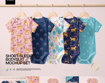 Baby Bodysuit Mockup Set, Short Sleeve Infant Clothing PSD, 5 Front, Back, Flat Lay and Hanger Scenes