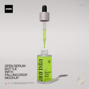 May include: An open serum bottle with a falling drop mockup. The bottle has a bright green label with the text "aurista" and "N°17 Nourish Then Rest Nourishing Antioxidant Oil". A dropper with a green liquid is suspended above the bottle.